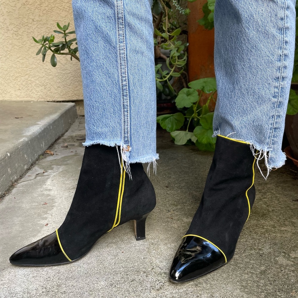 Vintage black/yellow Escada suede/patent leather booties